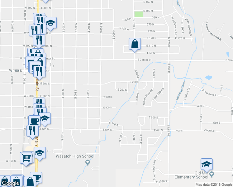 map of restaurants, bars, coffee shops, grocery stores, and more near 610 East 250 South in Heber City