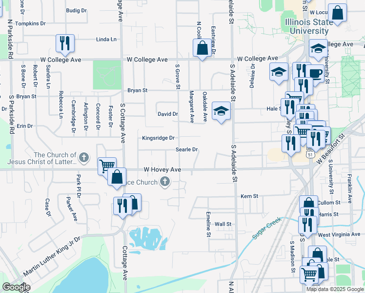map of restaurants, bars, coffee shops, grocery stores, and more near 1230 Searle Drive in Normal