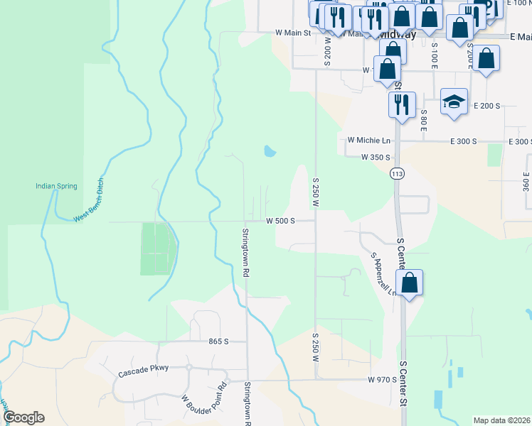 map of restaurants, bars, coffee shops, grocery stores, and more near 378 West 500 South in Midway