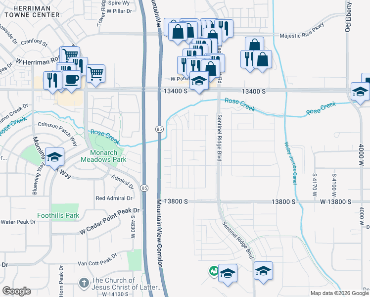 map of restaurants, bars, coffee shops, grocery stores, and more near Mountain View Corridor Trail in Riverton