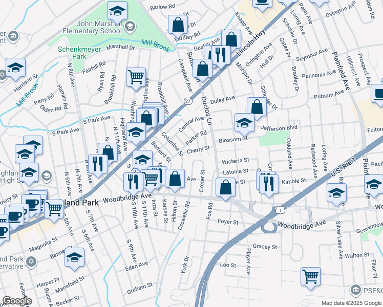map of restaurants, bars, coffee shops, grocery stores, and more near 1600 Parker Road in Highland Park
