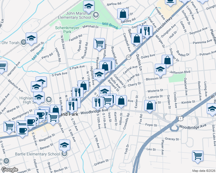 map of restaurants, bars, coffee shops, grocery stores, and more near 12 Barnard Street in Highland Park