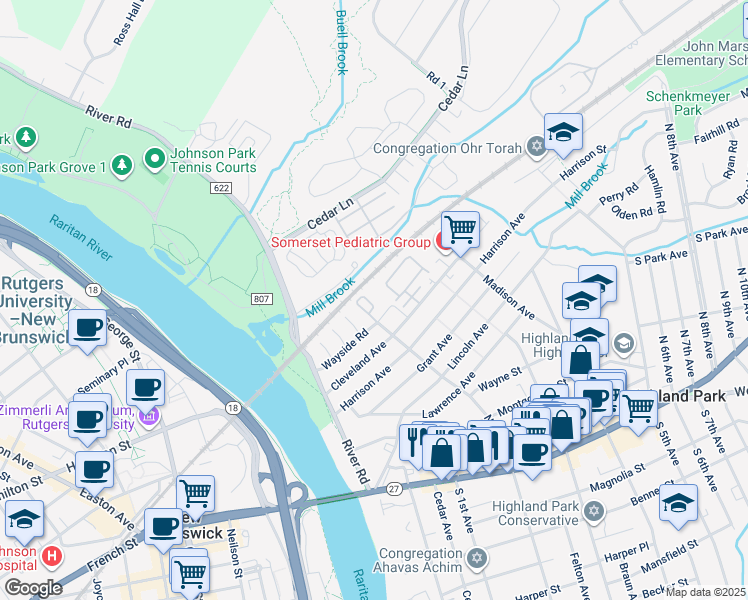 map of restaurants, bars, coffee shops, grocery stores, and more near 601 Greenland Square in Highland Park