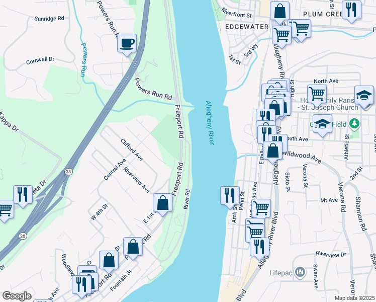map of restaurants, bars, coffee shops, grocery stores, and more near 22 River Road in Pittsburgh