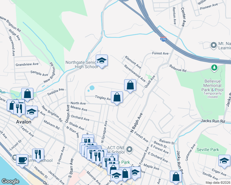map of restaurants, bars, coffee shops, grocery stores, and more near 562 Highland Place in Pittsburgh