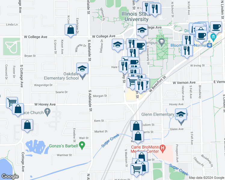 map of restaurants, bars, coffee shops, grocery stores, and more near 716 Osage Street in Normal