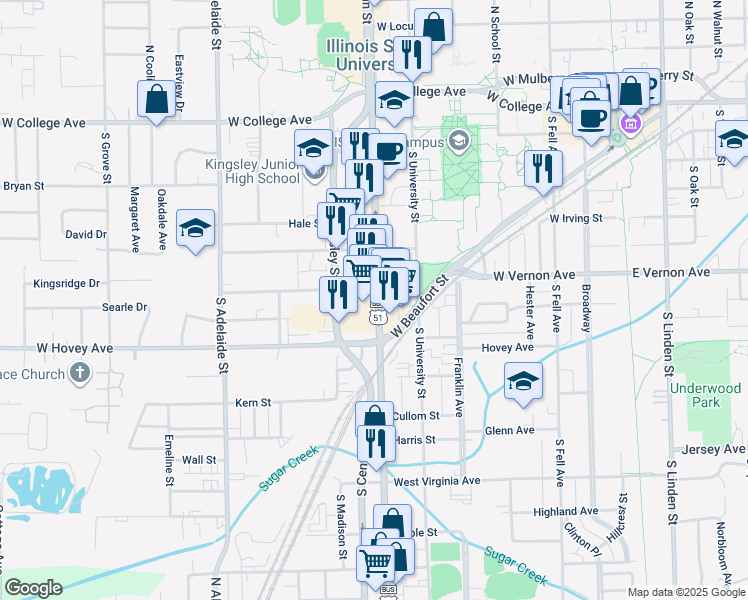map of restaurants, bars, coffee shops, grocery stores, and more near 701 South Main Street in Normal