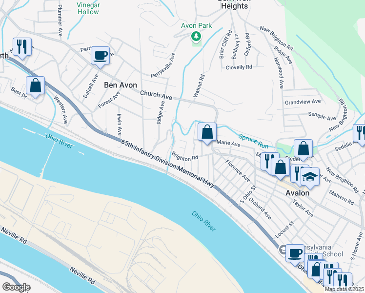 map of restaurants, bars, coffee shops, grocery stores, and more near 225 Park Avenue in Bellevue