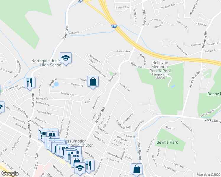 map of restaurants, bars, coffee shops, grocery stores, and more near 309 North Balph Avenue in Pittsburgh
