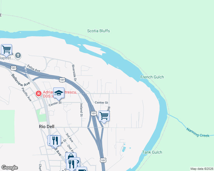 map of restaurants, bars, coffee shops, grocery stores, and more near 950 Bluff Place in Rio Dell