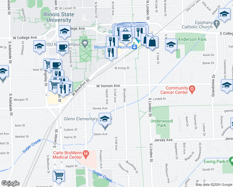 map of restaurants, bars, coffee shops, grocery stores, and more near 710 South Fell Avenue in Normal