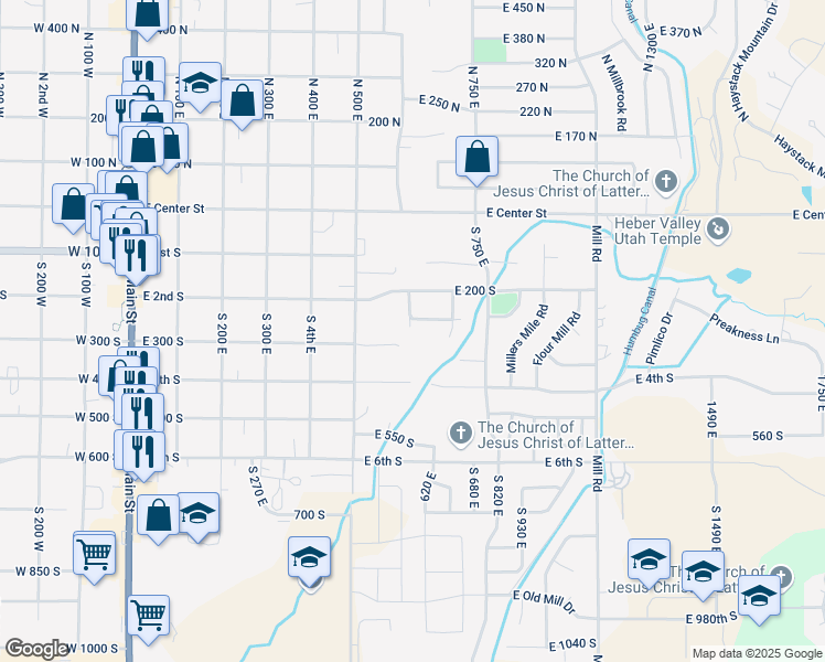 map of restaurants, bars, coffee shops, grocery stores, and more near 610 East 250 South in Heber City
