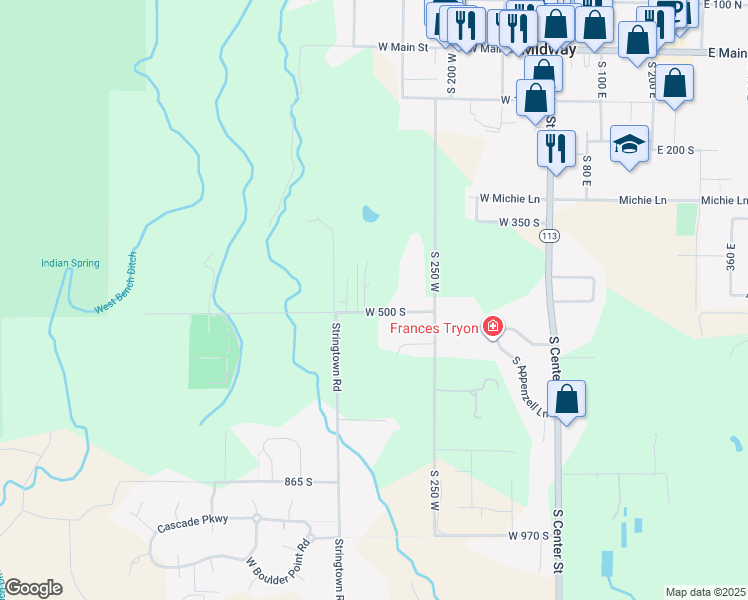 map of restaurants, bars, coffee shops, grocery stores, and more near 332 West 500 South in Midway