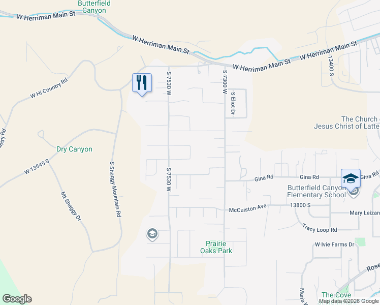 map of restaurants, bars, coffee shops, grocery stores, and more near 13599 South White Pony Road in Riverton