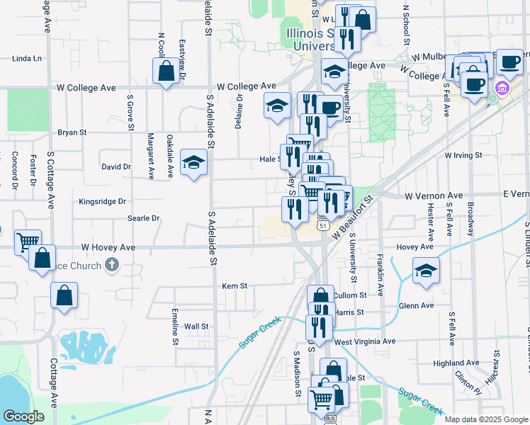 map of restaurants, bars, coffee shops, grocery stores, and more near 716 Osage Street in Normal