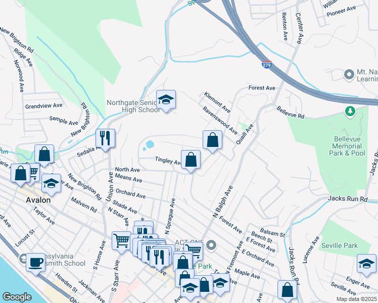 map of restaurants, bars, coffee shops, grocery stores, and more near 562 Highland Place in Pittsburgh