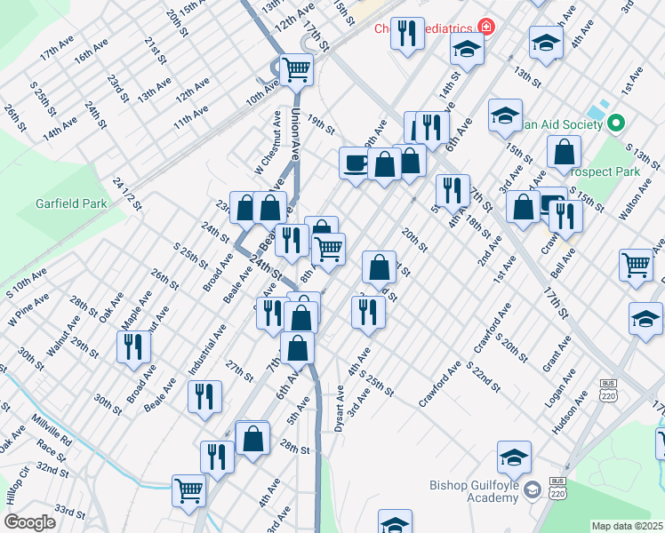 map of restaurants, bars, coffee shops, grocery stores, and more near 707-09 22nd Street in Altoona