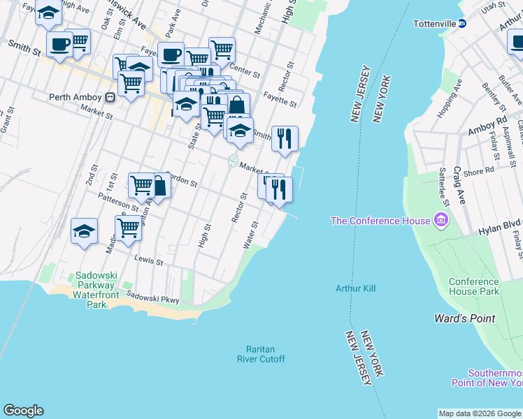 map of restaurants, bars, coffee shops, grocery stores, and more near Gordon Street & Water Street in Perth Amboy