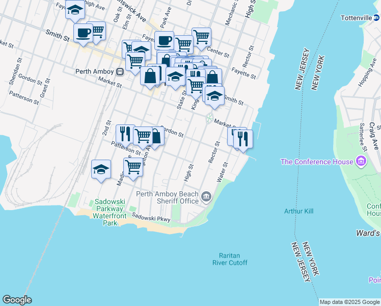 map of restaurants, bars, coffee shops, grocery stores, and more near 188 Kearny Avenue in Perth Amboy