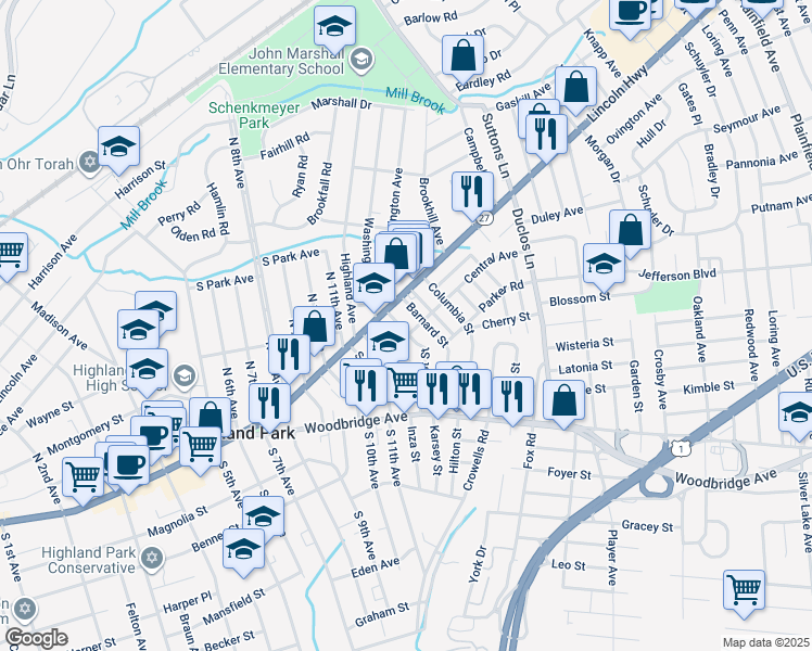 map of restaurants, bars, coffee shops, grocery stores, and more near 12 Barnard Street in Highland Park