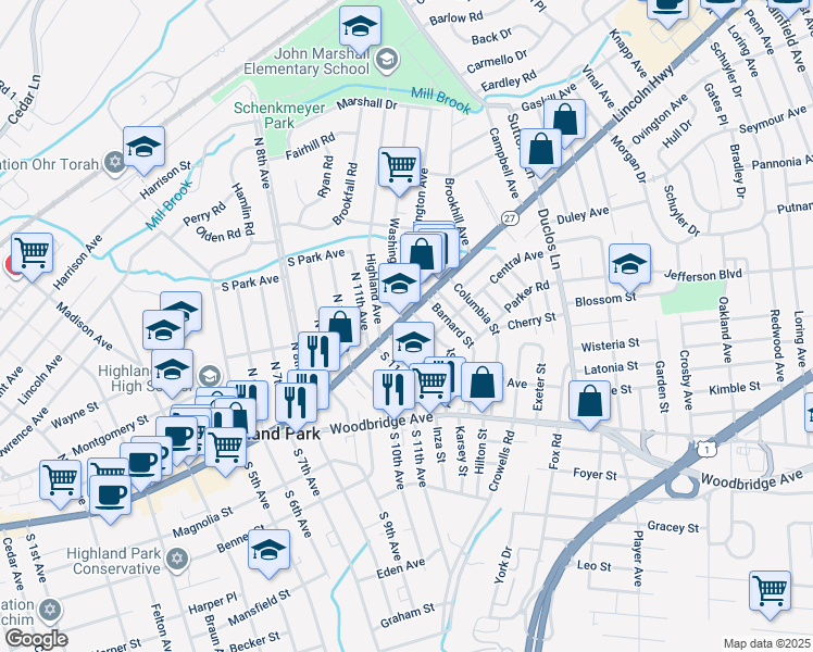 map of restaurants, bars, coffee shops, grocery stores, and more near 1131 Raritan Avenue in Highland Park