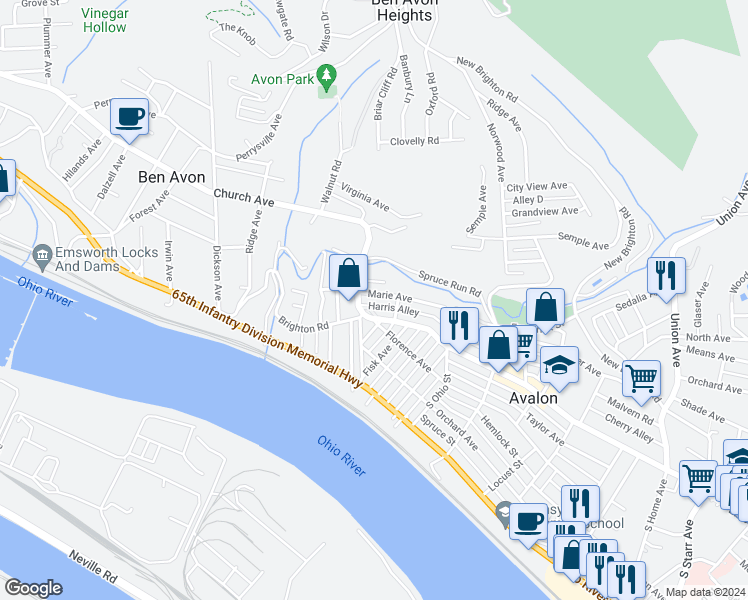 map of restaurants, bars, coffee shops, grocery stores, and more near 11 Marie Avenue in Avalon