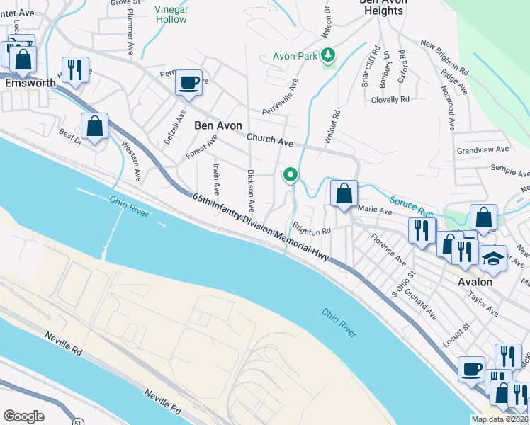 map of restaurants, bars, coffee shops, grocery stores, and more near 126 Dickson Avenue in Pittsburgh