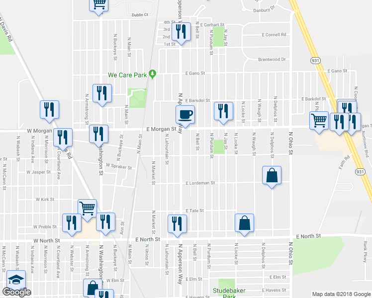 map of restaurants, bars, coffee shops, grocery stores, and more near 1923 North Apperson Way in Kokomo