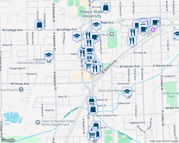 map of restaurants, bars, coffee shops, grocery stores, and more near 609 South Main Street in Normal