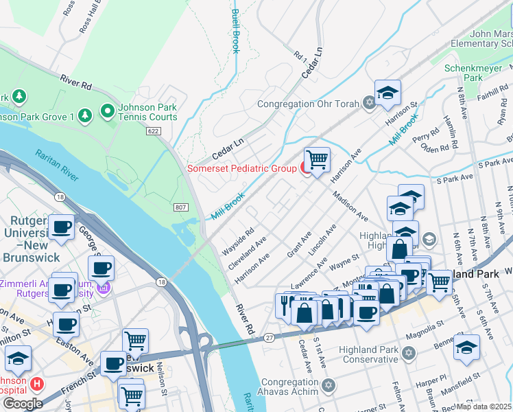 map of restaurants, bars, coffee shops, grocery stores, and more near 1523 Hudson Circle in Highland Park