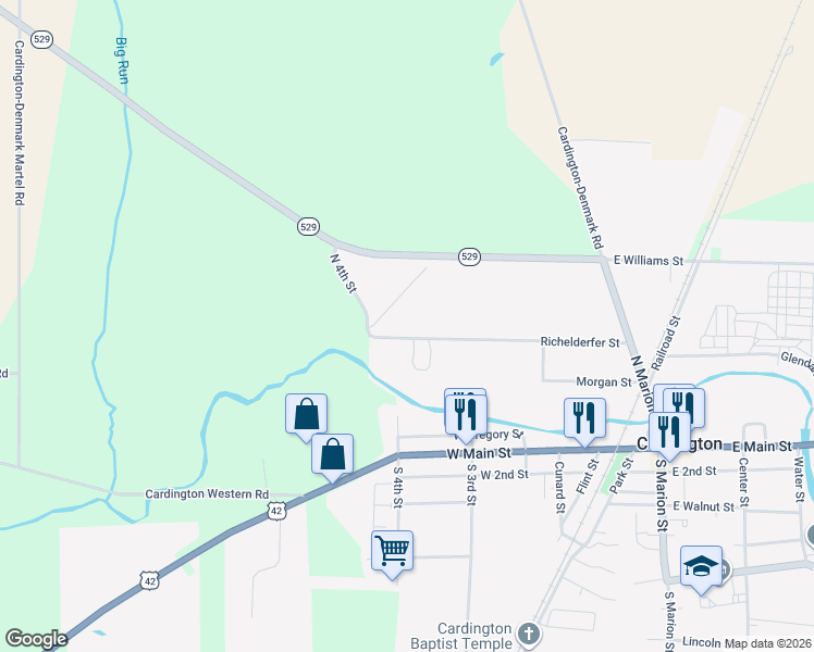 map of restaurants, bars, coffee shops, grocery stores, and more near 197 North 4th Street in Cardington