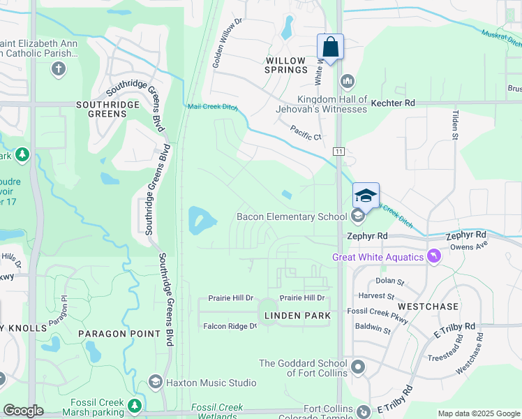 map of restaurants, bars, coffee shops, grocery stores, and more near 6015 South Timberline Road in Fort Collins