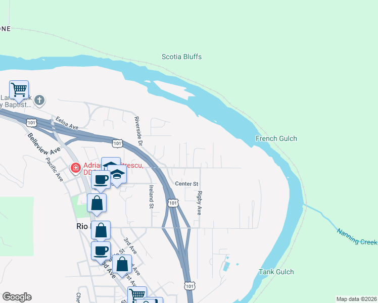 map of restaurants, bars, coffee shops, grocery stores, and more near 950 Bluff Place in Rio Dell