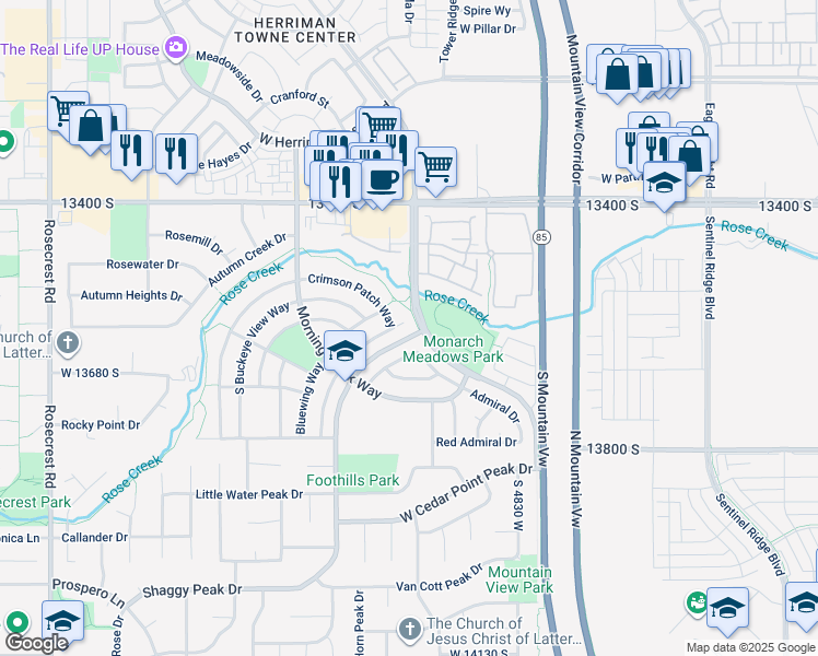 map of restaurants, bars, coffee shops, grocery stores, and more near 13597 Firetip Court in Riverton