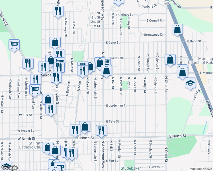 map of restaurants, bars, coffee shops, grocery stores, and more near 1912 North Apperson Way in Kokomo