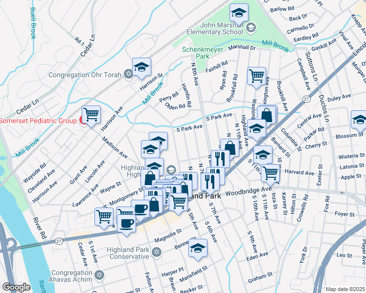 map of restaurants, bars, coffee shops, grocery stores, and more near 135 North 6th Avenue in Highland Park