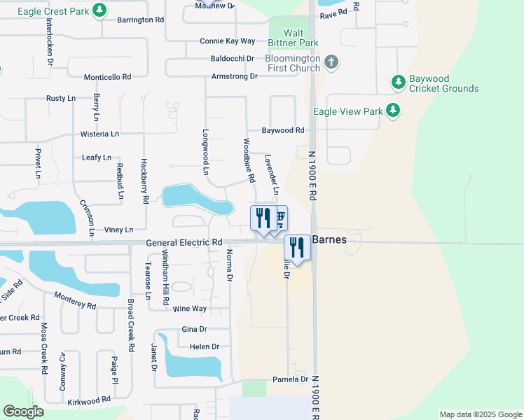 map of restaurants, bars, coffee shops, grocery stores, and more near 1805 Woodbine Road in Bloomington