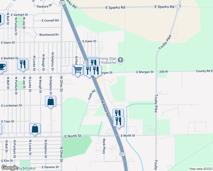 map of restaurants, bars, coffee shops, grocery stores, and more near 1605 Primrose Lane in Kokomo