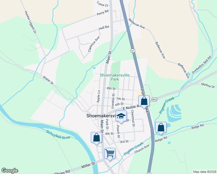 map of restaurants, bars, coffee shops, grocery stores, and more near 801 Main Street in Shoemakersville