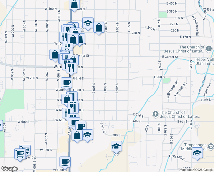 map of restaurants, bars, coffee shops, grocery stores, and more near 247 South 300 East in Heber City