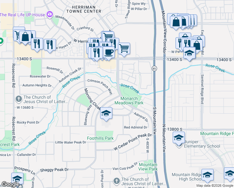 map of restaurants, bars, coffee shops, grocery stores, and more near 5042 Crimson Patch Way in Riverton