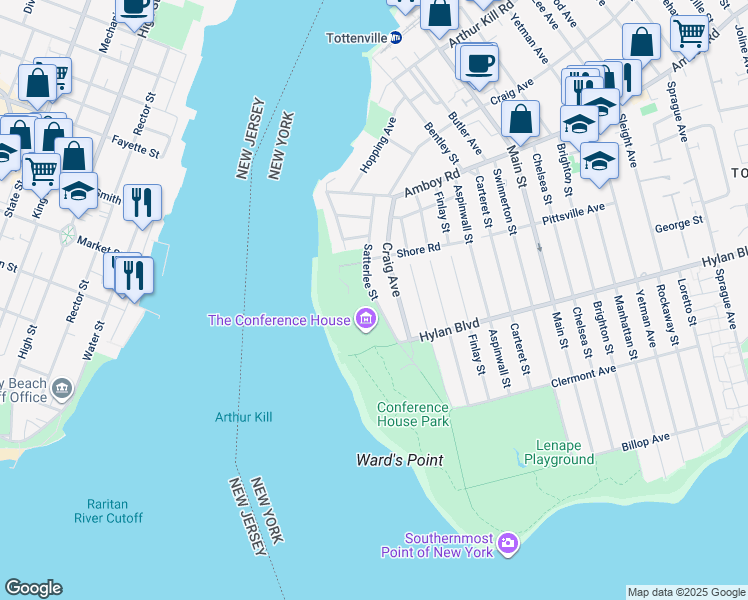 map of restaurants, bars, coffee shops, grocery stores, and more near 119 Satterlee Street in Staten Island