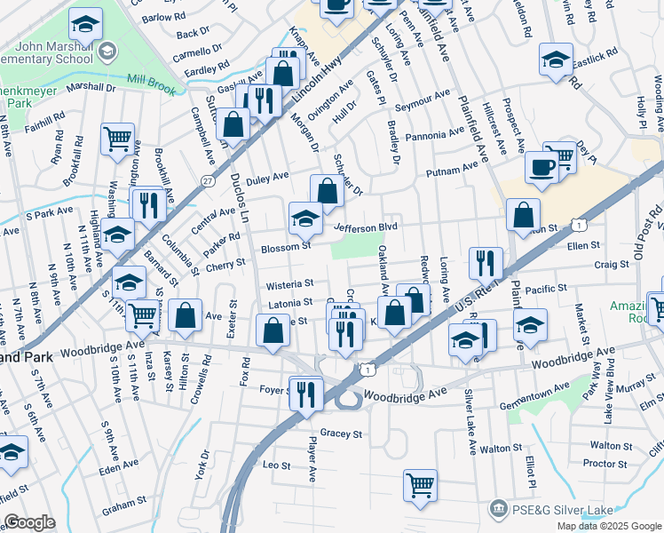 map of restaurants, bars, coffee shops, grocery stores, and more near 85 Garden Street in Edison