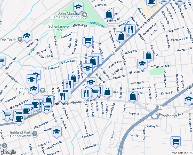 map of restaurants, bars, coffee shops, grocery stores, and more near 12 Barnard Street in Highland Park