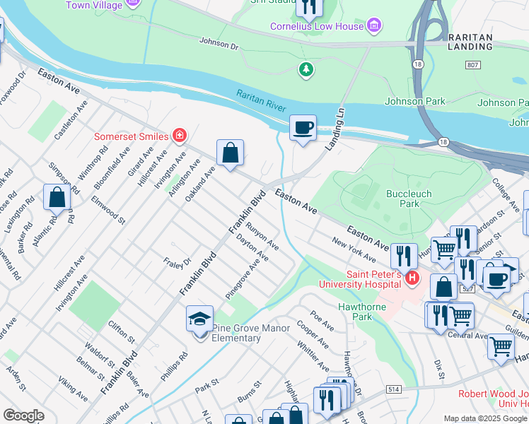 map of restaurants, bars, coffee shops, grocery stores, and more near 9 Franklin Boulevard in Franklin Township