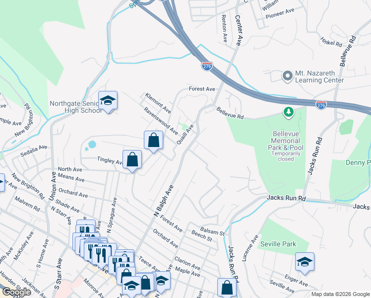 map of restaurants, bars, coffee shops, grocery stores, and more near 800 Quaill Avenue in Pittsburgh
