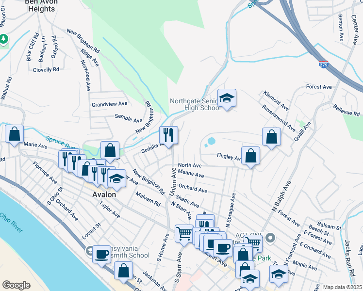 map of restaurants, bars, coffee shops, grocery stores, and more near 39 Union Avenue in Pittsburgh