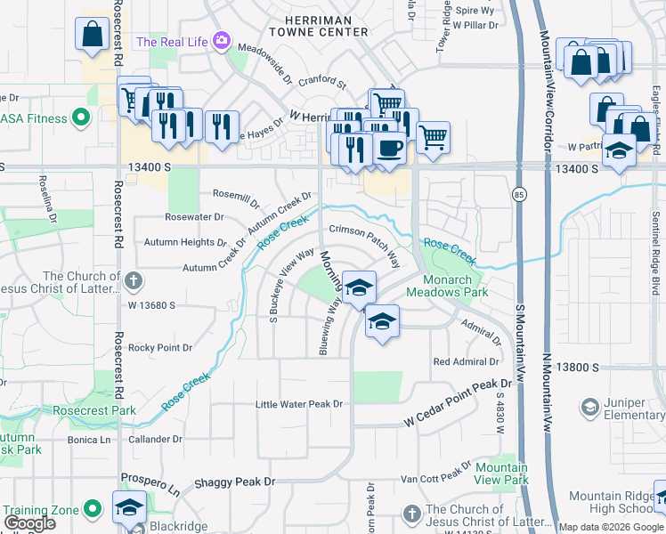 map of restaurants, bars, coffee shops, grocery stores, and more near 5162 Cloudywing Way in Riverton