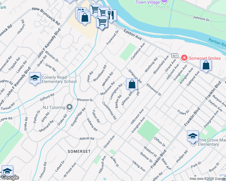 map of restaurants, bars, coffee shops, grocery stores, and more near 15 Montrose Road in Franklin Township