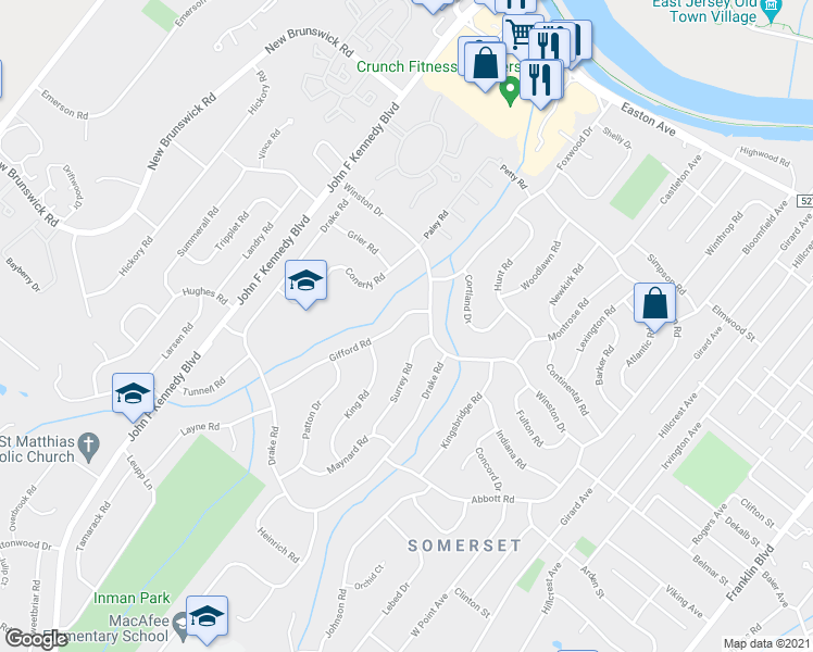 map of restaurants, bars, coffee shops, grocery stores, and more near 10 Gifford Road in Franklin Township